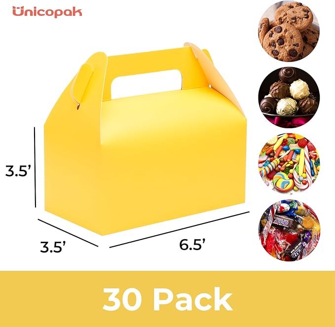 UnicoPak 30 Pack Yellow Gable Treat Boxes Party Favor Goodie Bag Boxes for Candy Treats Snacks Cookie Toys for Birthday Party Special Events, 6.5x3.5x3.5 Inches