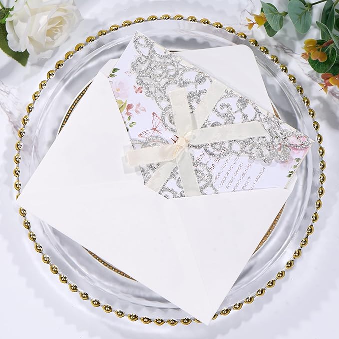 50Pcs Sliver Glitter Wedding Invitations with Envelopes and Rsvp Cards Ribbons Laser Cut Invitation Blank Inner Sheet Pearl Paper Tarjetas de Invitación Para Boda XV Anos Quinceañera Wedding Invite