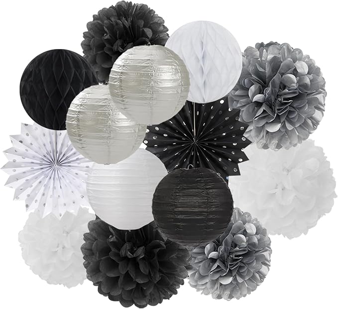 Black-White Silver Party-Decorations Paper-Lanterns - 14pcs New Years Streamers Fan,Tissue Pom Poms,Graduation Men Boys Birthday Wedding Baby Bridal Shower Decor Lasting Surprise