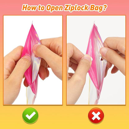 Funfery 100 Pack Gradient Holographic Bags,Mylar Resealable Bags with Zipper,Clear Window Packaging Pouchs,Smell Proof Bag for Food Storage,Sample Jewelry Bag(6.3x9.4In,Hot Pink Orange)