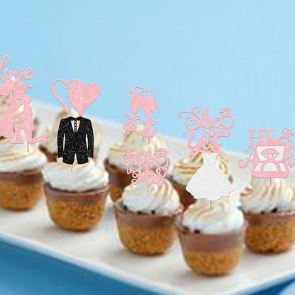 30 Pack Bride to be Cupcake Toppers Glitter Diamond Ring Love I Do Cupcake Picks Miss to Mrs He Asked She Said Yes Bridal Shower Wedding Engagement Bachelorette Cake Decorations Party Pink