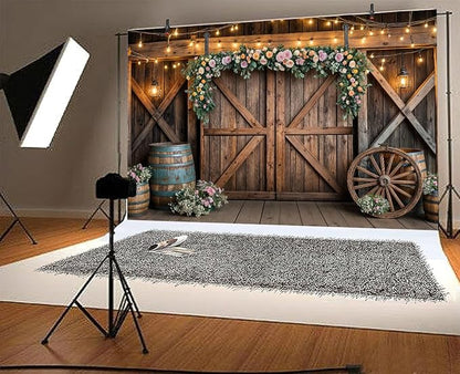 8x6ft Country Wedding Photography Backdrop Rustic Barn Door Photography Backdrop Farmhouse Pink Flower Cabin Wooden Birthday Baby Shower Wedding Bridal Party Banner Photo Booth Props Background