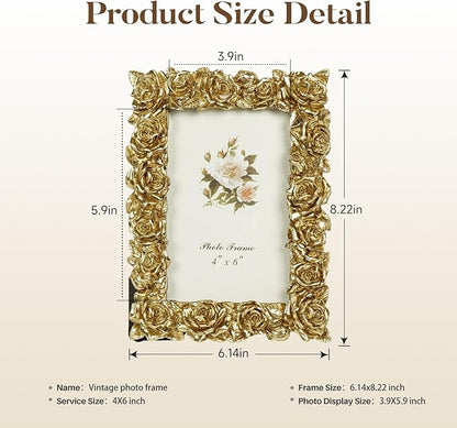 Cuspin Vintage Gold 4x6 Picture Frame, Gold Ornate Rose Flower Resin Photo Frame with Glass Front for Tabletop or Wall Hanging, Antique Picture Frames for Home Office Decor