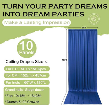 PartyVillage 50ft×15ft Royal Blue Backdrop Curtain for Wedding Parties, 10 Panels Wrinkle Free 15 FT Long Polyester Photo Backdrop Drapes Back Drop Cloth for Birthday Photography Background