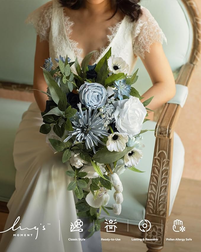 Ling's moment Dusty Blue Bridal Bouquet Cascading, Wedding Bouquets for Bride, 15 Inch Bride Bouquets for Wedding Artificial Flowers Bouquets