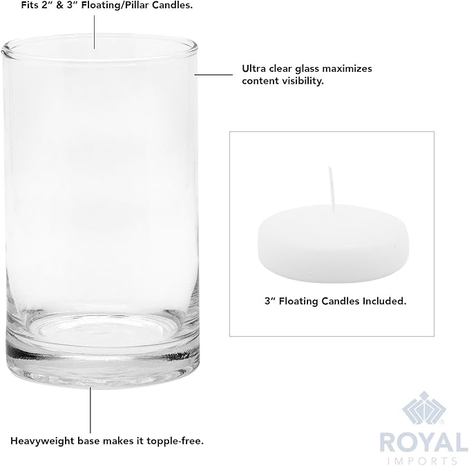 Royal Imports Glass Cylinder Flower Centerpiece Vases Set of 3 - Hurricane Candle Holder Pillar, Floating, Tealights - Use for Floral, Wedding, Home Decor, Holiday Includes 3 Floating Candles
