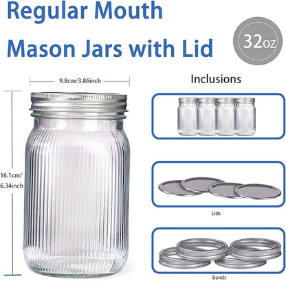 WELLIFE Large Mason Jars,4 Pcs Wide Mouth Mason Jars 32 Oz for Food Storage, Overnight Oats,Honey,Sauces,Meal Prep,Salad,Yogurt
