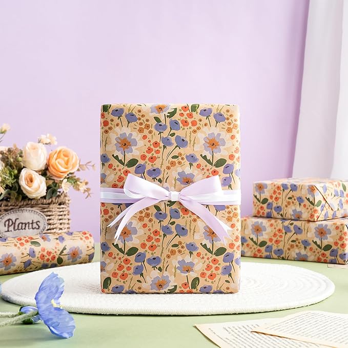 WRAPAHOLIC Kraft Floral Wrapping Paper Roll - Mini Roll - 17 Inch x 33 Feet - Watercolor Flower Wrapping Paper, Perfect for Wedding, Birthday, Bridal Shower, Tea Party