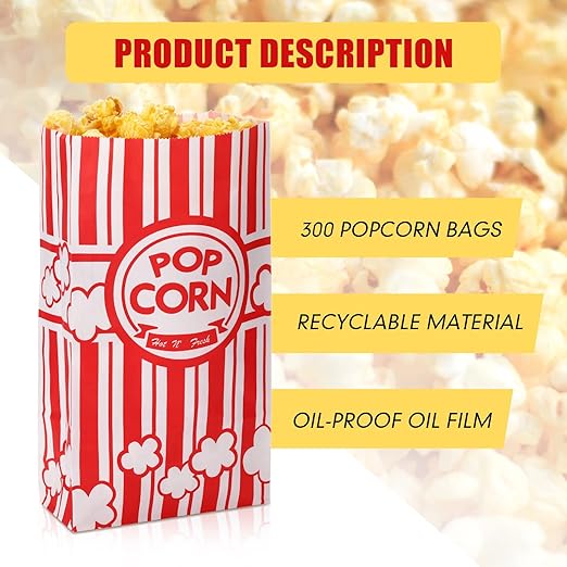 300 Pcs Paper Popcorn Bags Bulk 2 oz Large Flat Bottom Boxes Red and White Disposable Container Sleeve Movie Night Popcorn Bucket for Retro Movie Themed Party Carnival Supplies (Red and White)