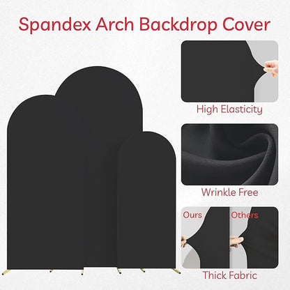 Spandex Anti Wrinkle Arch Backdrop Cover - High Elastic Fitted Arch Stand Cover Set of 3, Black Round Top Chiara Backdrop For Wedding Birthday Party Garden Decor 6Ft, 6.6Ft, 7.2Ft