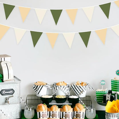 32Ft Sage Green Party Decorations Olive Green Tan Brown Cream Neutral Triangle Flag Fabric Banner Pennant Bunting Garland Streamers for Birthday Wedding Baby Shower Woodland Jungle Safari Party Decor