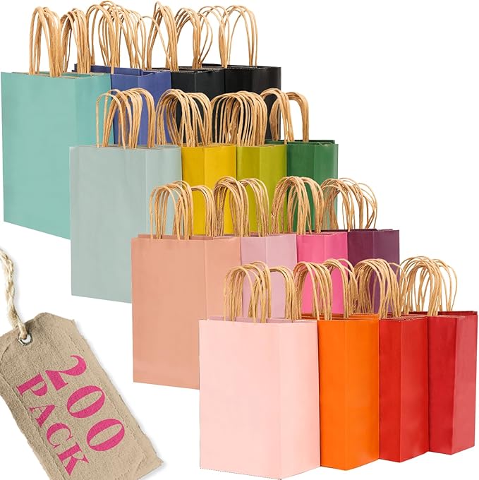 qiqee 200Pcs Paper Gift Bags with Handles - 10.6"x8.3"x4.3" Medium Party Favor Bags Multiple Uses - 16 Solid Colors