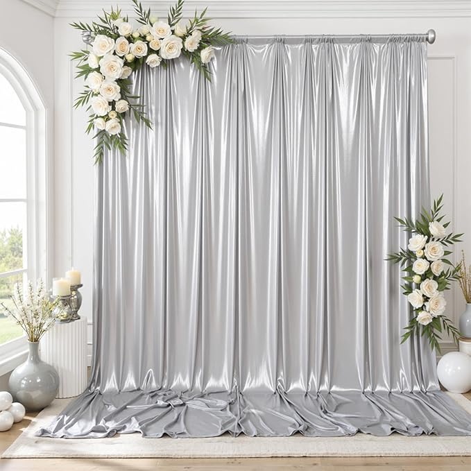 gogoparti 10x10FT Silver Sequin Backdrop Curtain - 2 Panels of 5x10FT Wrinkle-Free Glitter Drapes for Photography, Birthdays, Weddings & Graduations