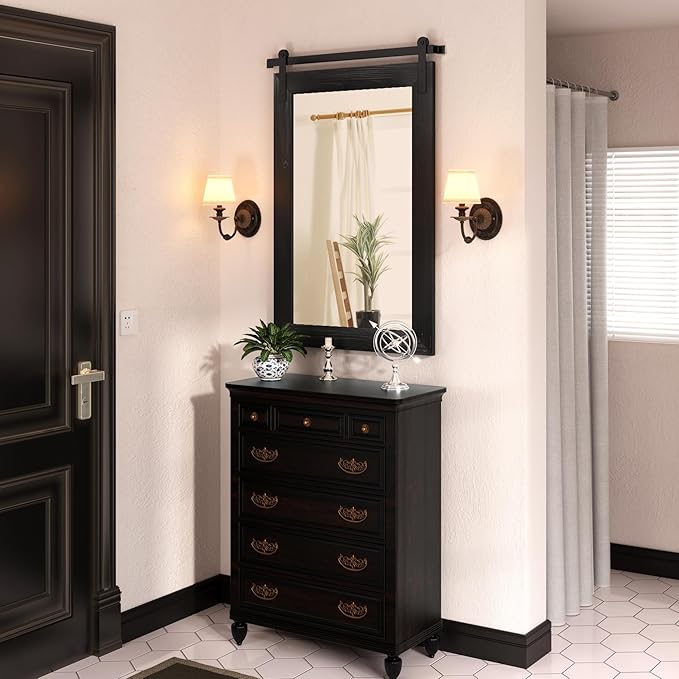 COGOOD Farmhouse Barn Door Mirror - 38 X 25 Rustic Bathroom Mirror for Living Room, Entryway, Vanity Wall Decor (Black)