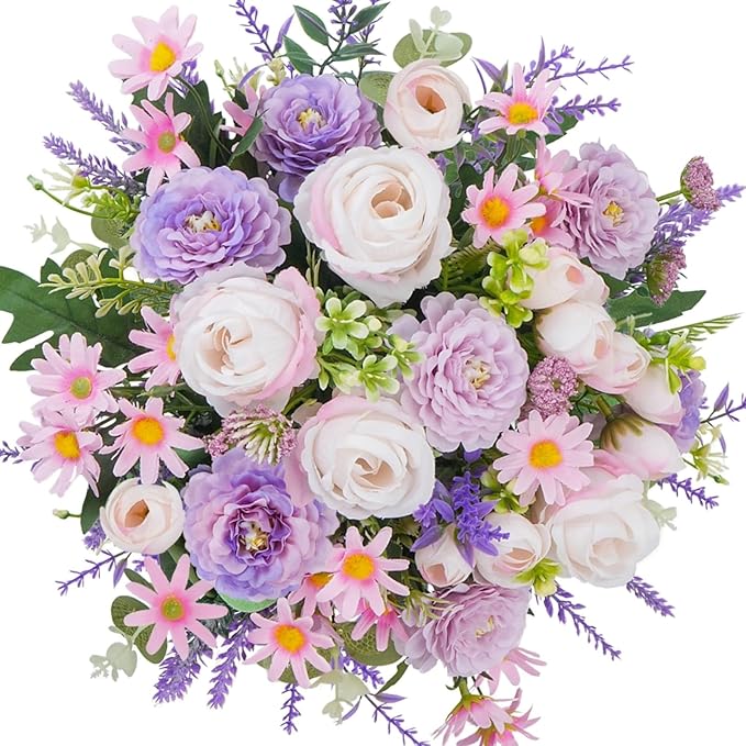 Fake Flowers Purple Artificial Silk Flower Bouquet Faux Flowers for Vase with Rose Peony Daisy for Home Wedding Baby Shower Bridal Bouquets Table Centerpieces Party Fathers Day Decorations