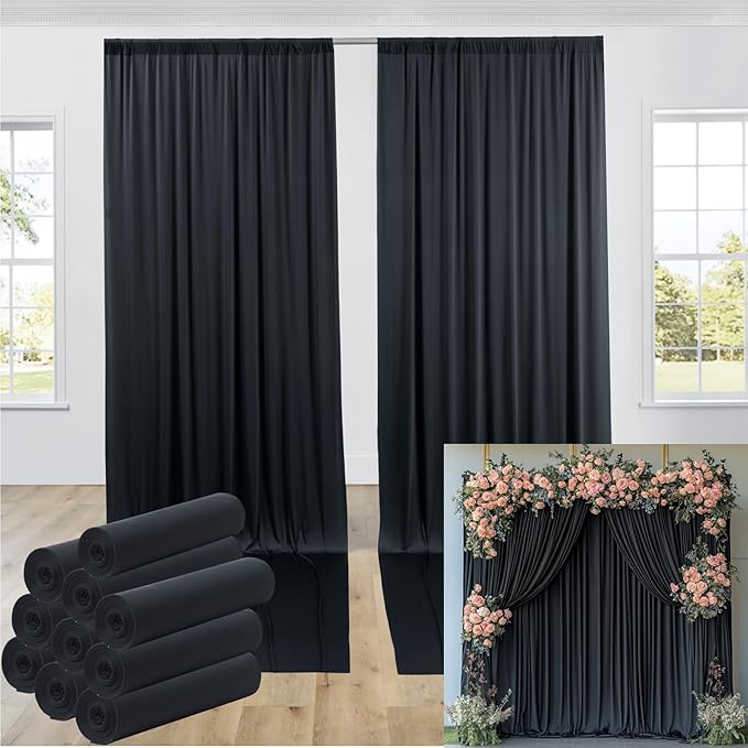 50ftx12ft Wrinkle Free Black Backdrop Curtain, 10 Panels 12FT Height Black Wedding Backdrop Drapes, Silky Polyester Back Drop Cloth for Birthday Photography Background Party Backdrop Draping