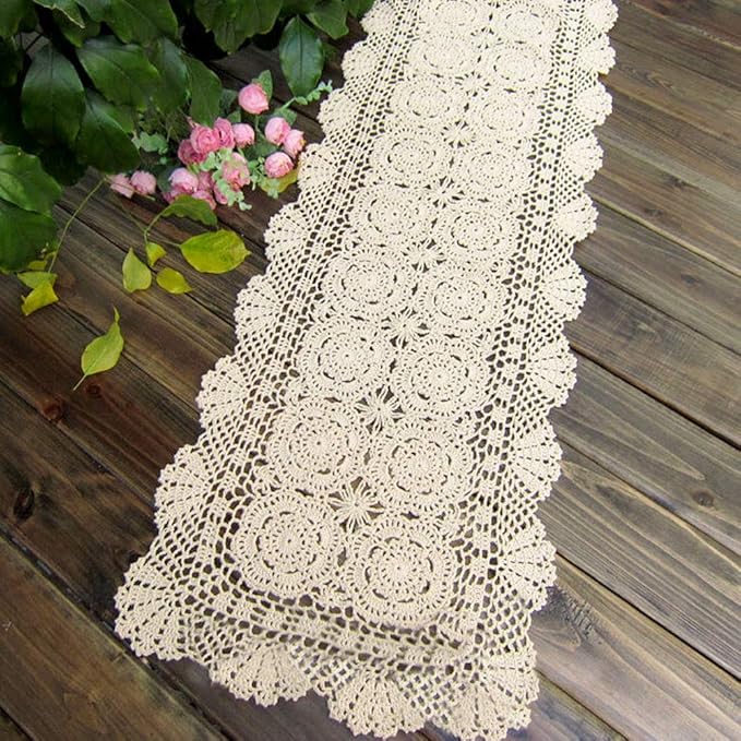 KEPSWET Cotton Handmade Crochet Lace Table Runner Beige Rectangle Coffee Table Dresser Decor (14x48 inch)