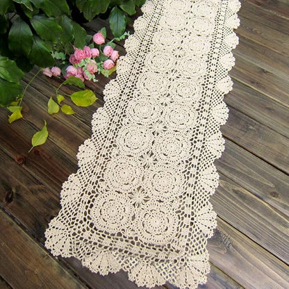 KEPSWET Cotton Handmade Crochet Lace Table Runner Beige Rectangle Coffee Table Dresser Decor (14x60 inch)
