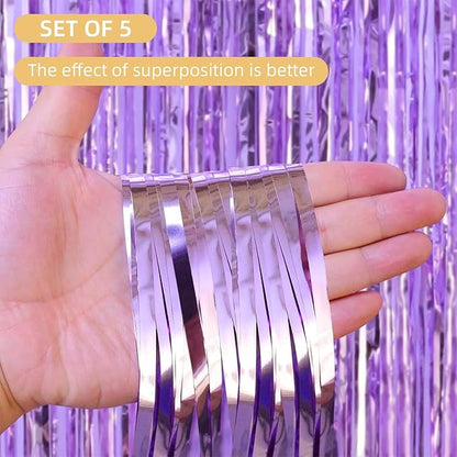 5 Pack Purple Foil Curtain Backdrop 3.2ft x 8.2ft Tinsel Foil Fringe Curtains Macaron Photo Booth Streamer Backdrop for Party Decorations Birthday Baby Shower Bachelorette Holiday (Light Purple)