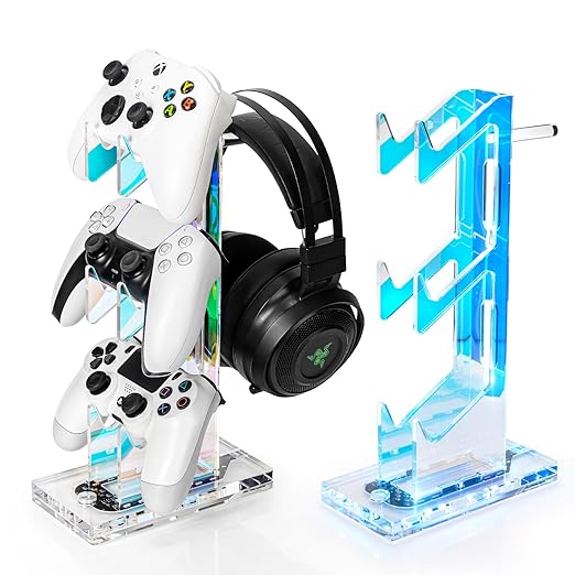 OAPRIRE Headset and Controller Stand with Lights, 3 Tier Acrylic Game Controller Holder, Controller and Headset Stand for Desktop,Universal Design Compatible with PS5/PS4/XBOX/SWITCH (Clear)