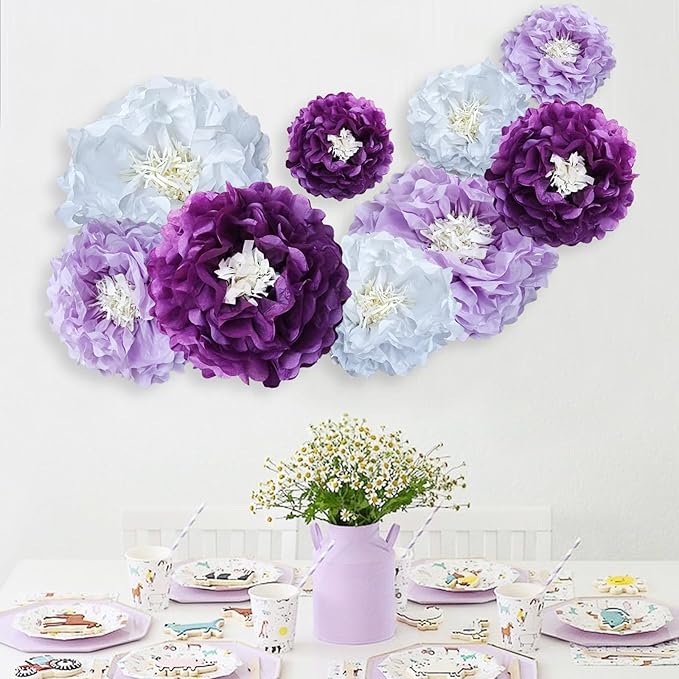 Purple Paper Flower Pom Poms Wall Decorations for Sweet Party Background, Birthday, Bachelor Party, Baby Shower, Graduations, Tea Parties