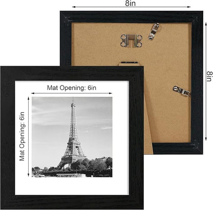 8x8 Picture Frames Set of 4 with High Definition Real Glass, Black Frames Display 6x6 Picture with Mat or 8x8 Without Mat, Wood Square 8 x 8 Photo Frame for Wall Mount and Tabletop Display