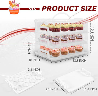 Cupcake Carrier, 3-Tiers Cupcake Containers, Holds 36 Cupcakes or 3 Large Cakes, Cupcake Holder, Cupcake Box with Lid and Handle (White, Basic)