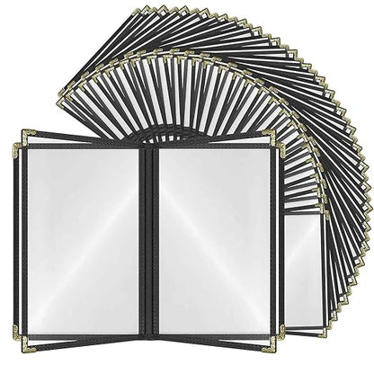 Goodsmart Restaurant Menu Covers – 25 Pack Black 8-View Booklet 8.5" x 14", Side-Loading Vinyl & Plastic Menu Holders, Clear Menu Sleeves, Leather-Style Café Covers with Gold Corners