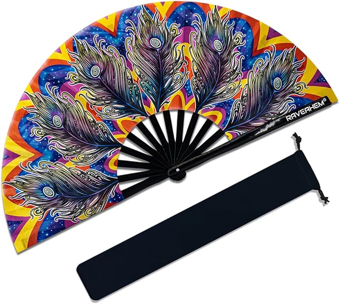 13" Large Rave Fan Bamboo, Folding Clack Hand Fans Foldable for Men Women, Boots on the Ground Poping Fan for EDM Festival Line Dance Decoration, (Peacock, Large 13")
