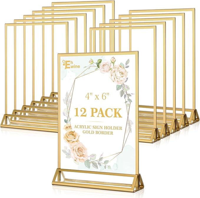 EHWINE 12 Pack Acrylic Sign Holder 4 x 6, Double Sided Gold Picture Frame Stand up Table Top Sign Holders, Clear Display Stand Menu Flyer Holder for Wedding Party