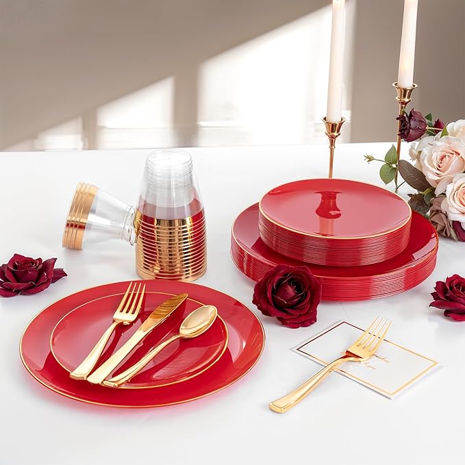 NOCCUR 350PCS Red Plastic Plates - Disposable Red Gold Dinnerware Set for 50 Guests, 100 Dinner/Dessert Plates, 150 Gold Silverware, 50 Cups&50 Napkins for Party/Wedding/Birthday/Christmas