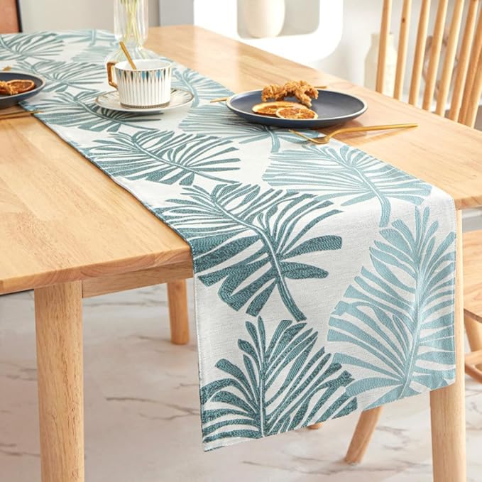 Monstera Leaf Table Runner – Elegant Fabric Table Centerpiece, Machine Washable, Gold or Green, 71"/83"/94" Length, 13" Width (Green/71)