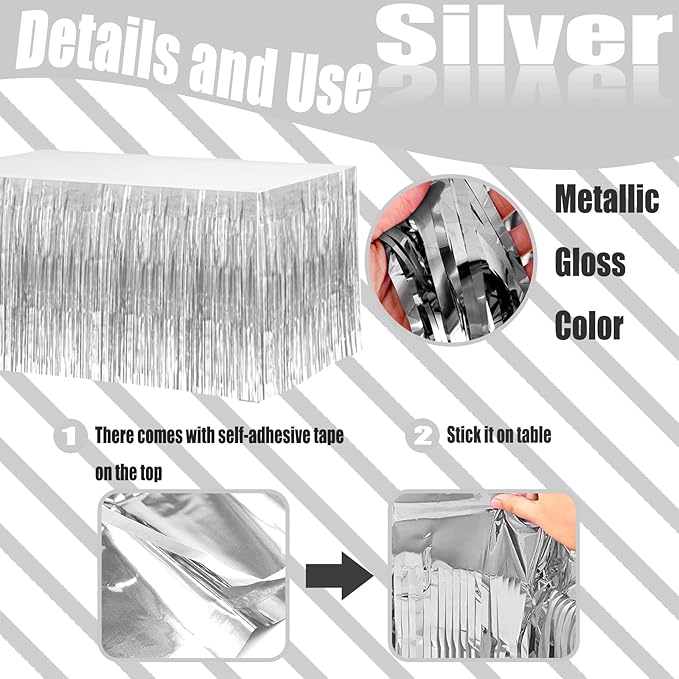 4 Pack 29x108 Inch Metallic Foil Fringe Tinsel Table Skirts for Rectangle Tables Streamer Curtains Backdrop for Wedding, Birthday, Parade Floats, Christmas, Halloween Party Decoration(Silver)