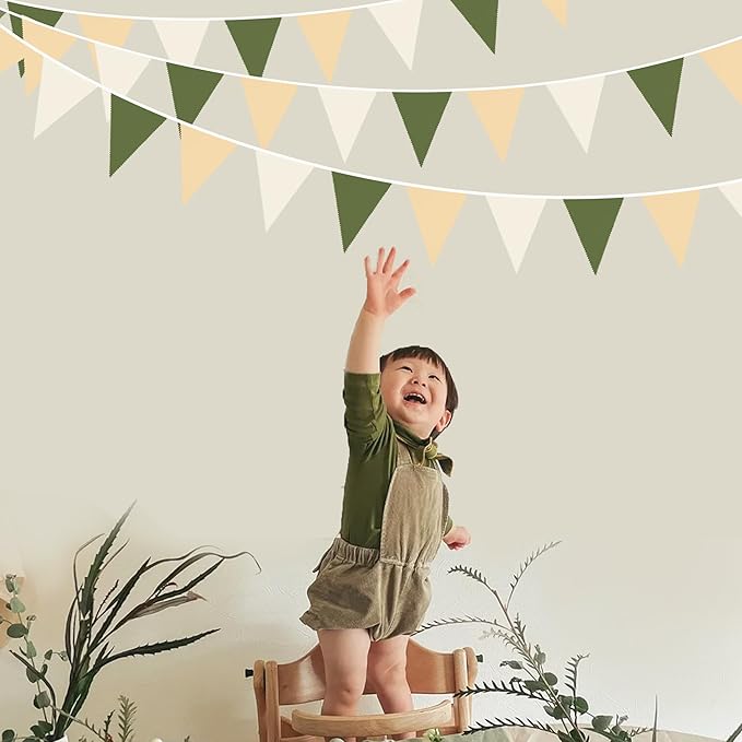 32Ft Sage Green Party Decorations Olive Green Tan Brown Cream Neutral Triangle Flag Fabric Banner Pennant Bunting Garland Streamers for Birthday Wedding Baby Shower Woodland Jungle Safari Party Decor