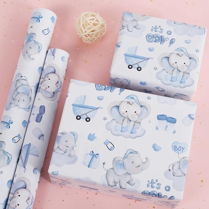 Aimyoo Blue Baby Shower Wrapping Paper Roll - 17 Inch X 32.8 Feet - Cute Elephant with It‘s A Boy Letter Design Perfect for Boys, Birthday, Party