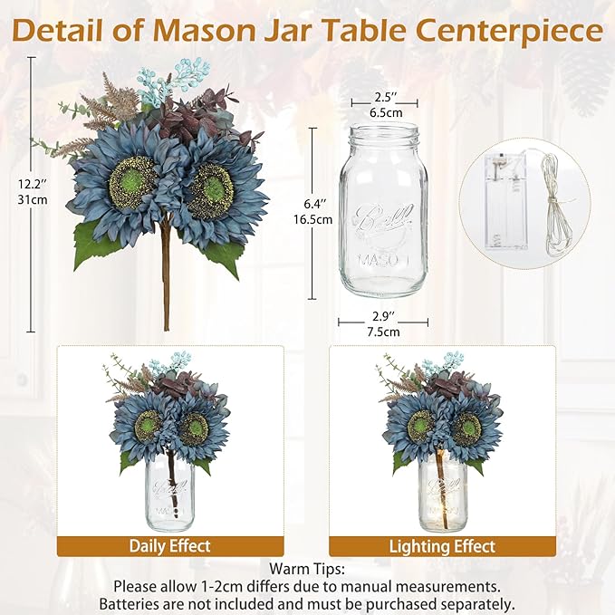 Silk Sunflowers Artificial Flowers with Mason Jar Centerpiece for Table Blue Fall Flowers in Vase Small Fall Floral Arrangement with Vase Thanksgiving Centerpiece for Dining Room Table Autumn Decor