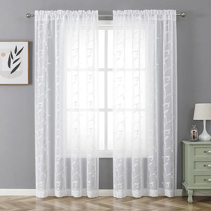VISIONTEX White Leaves Sheer Voile Curtains, Decorative Embroidery Rod Pocket Window Drapes for Home Living Room and Bedroom 54 x 84 Inch, Set of 2 Curtain Panels