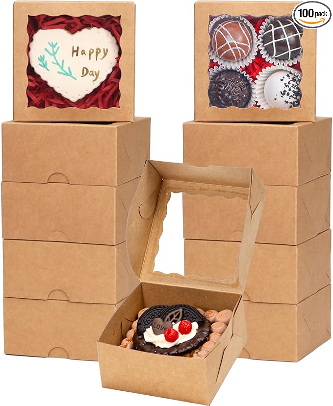 100-Pack 4x4x2 InchesBrown Bakery Boxes - Treat/Cookie/Truffle Boxes for Mini Cakes, Pies & Cinnamon Rolls - Wedding Party Favor Packaging