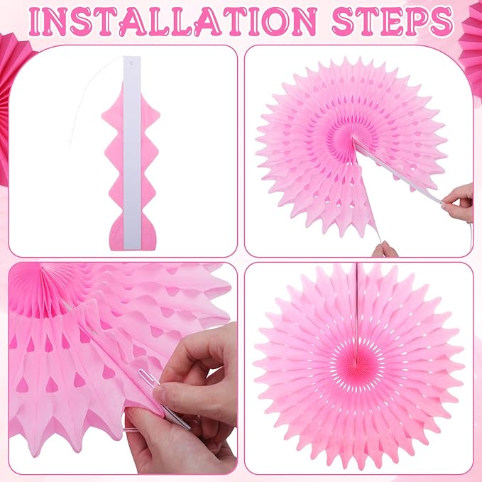 Outus 12 Pcs Hanging Honeycomb Paper Fans Sets, Fiesta Hot Pink Party Decorations, Tissue Paper Flowers Supplies for Birthday Wall Classroom Wedding Photo Backdrop (8/12/16 Inch)