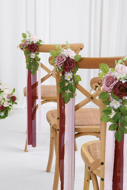 10 Wedding Aisle Decorations for Ceremony - Burgundy Chair Flowers for Aisle Decor - Church Pew Decorations
