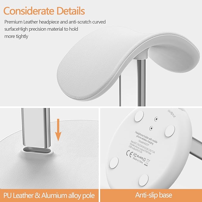 Headphone Stand with Wireless Charger, Gaming Headset Holder Hanger Rack 2 in 1 Wireless Charging Station Dock for iPhone 15/14/13/12/11 Series, AirPods Pro/3/2 and Desk All Headphones, White