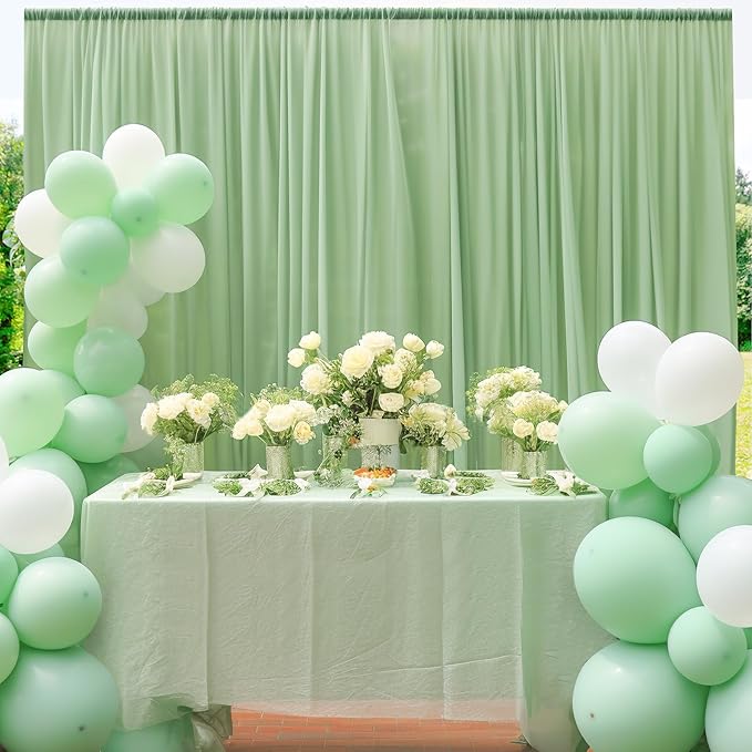 10x10 Green Tulle Backdrop Curtains for Parties, Sheer Backdrop Curtain Wedding Photo Background Drapes for Baby Shower Photography Birthday Party