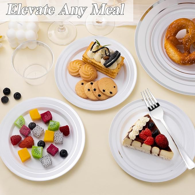 200PCS Silver Plastic Plates Set, 100 10.25 inch Dinner Plates and 100 7.5 inch Dessert Plates, Premium Disposable Plates for Party, Wedding