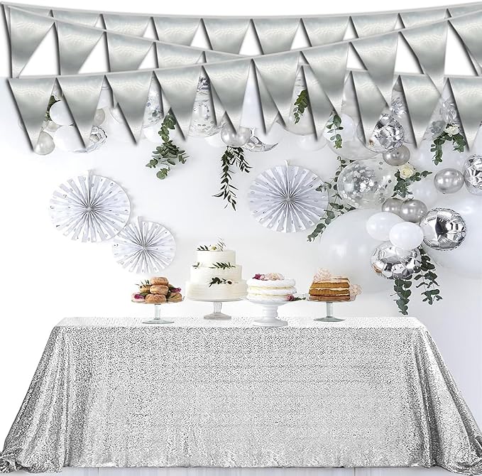20M/65FT Silver Triangle Pennant Banner Flag Metallic Fabric Bunting Garland for Christmas Graduation Wedding Engagement Anniversary Bachelorette Birthday Bridal Shower Valentines Hen Party Supplies