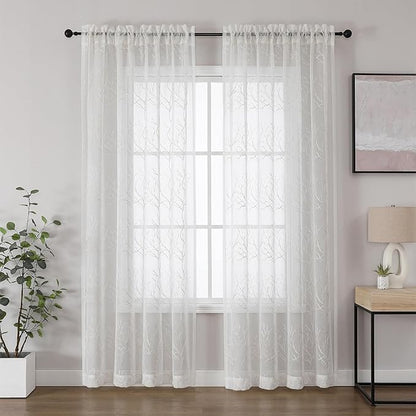 VISIONTEX Sheer Curtains 84 inch Length 2 Panels Set, Decorative Beige Coral Embroidery, Rod Pocket Embroidered Window Drapes for Living Room and Bedroom, 54" x 84"