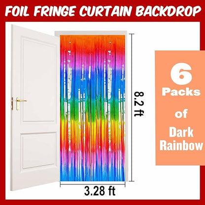 6 Pack Dark Rainbow Foil Fringe Curtains Backdrop, 3.28 x 8.2 Ft Metallic Streamers Tinsel Curtains Background for Photo Booth, Birthday, Weddings, Carnivals, Graduation, Themed Party Decorations