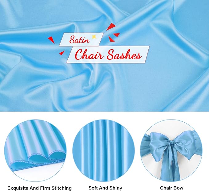 10 PCS Baby Blue Satin Chair Sashes Bows Universal Chair Ribbon Ties Back Sash for Wedding Party Reception Events Banquets Hotel Event Chair Cover Decoration (7x108 inch)