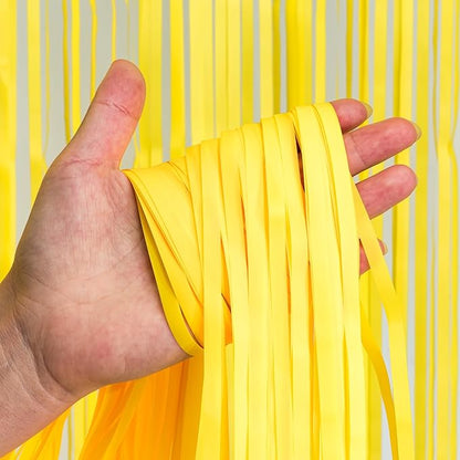Yellow Streamers Party Backdrop - GREATRIL Foil Fringe for Pineapple/Lemon/Truck/Race Birthdays Party Decoration - 3.2ft X 8.2ft - 2 Packs