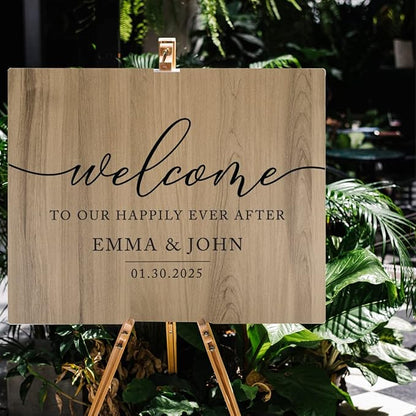 Andaz Press Personalized Large Wooden Welcome Sign for Wedding Rustic Welcome Sign 16" x 20" Custom Names Happily Ever After Wedding Signage English Oak MDF Wood Finish Reception Indoor Outdoor Signs