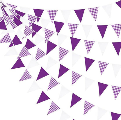 32Ft Purple Party Decorations Purple Buffalo Plaid Checkered White Triangle Flag Gingham Pennant Banner Fabric Garland for Wedding Birthday Picnic BBQ Outdoor Lavender Mermaid Party Decor Supplies